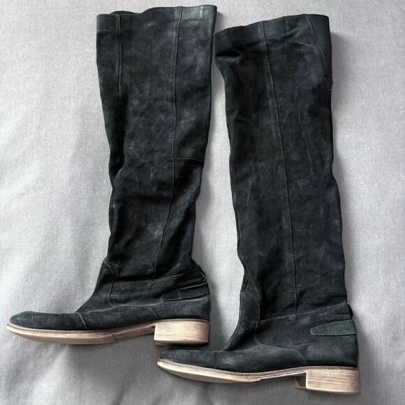 Suede Slouch Tall Boots Boutique 9 Black  Size 39 Stacked Heel Fall Style - Picture 4 of 9